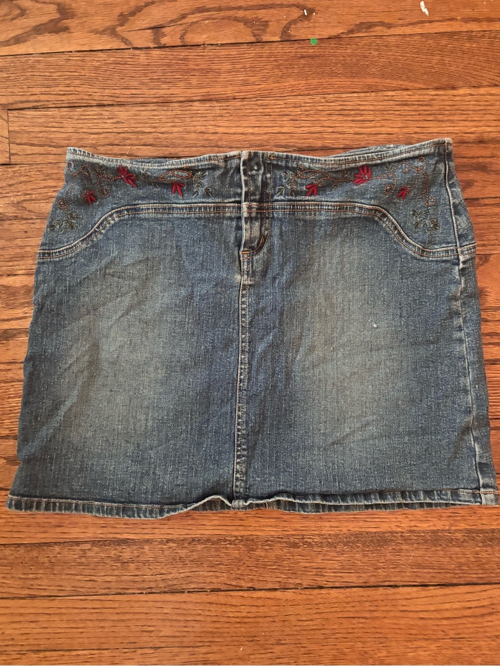 Candie's Blue Denim Mini Skirt with Embroidered Red Accents